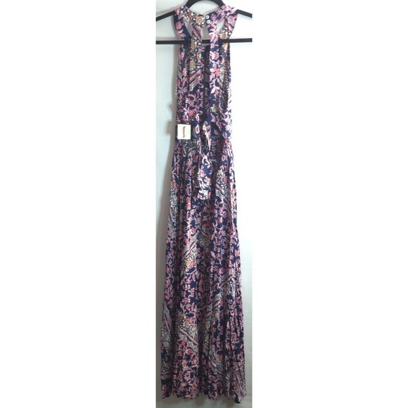 New Anthropologie Abel the Label Floral Halter Maxi Dress Small S Sm Navy‎ Red + - Picture 2 of 10